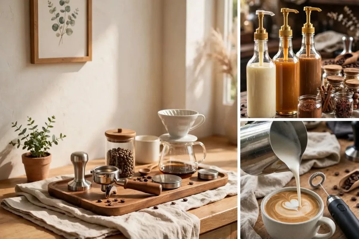 How to set up a coffee station at home collage with styled bar syrups and frother