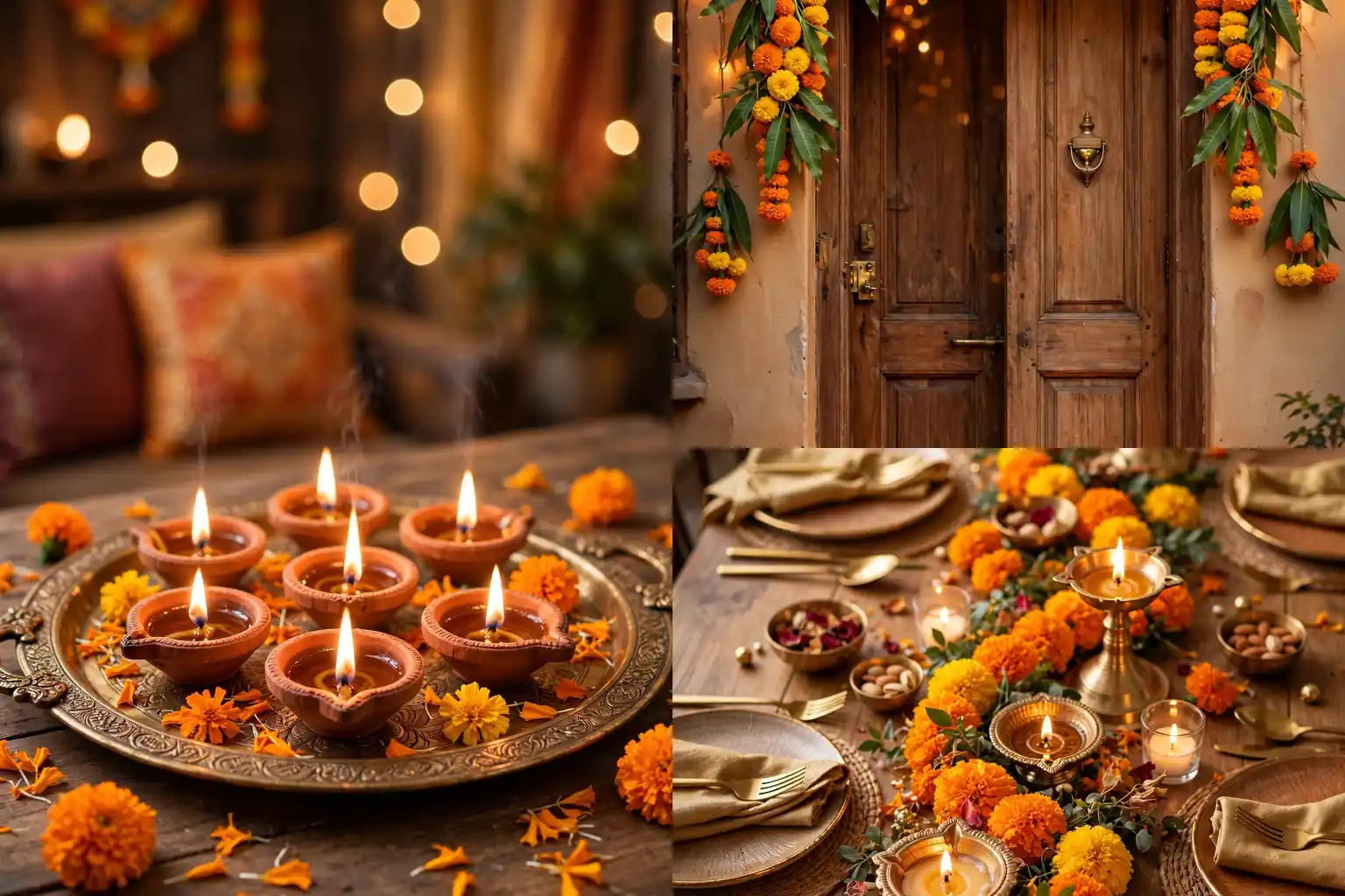 Diwali decoration ideas collage with glowing diyas on a brass tray, a marigold toran on a door, and a festive table centerpiece