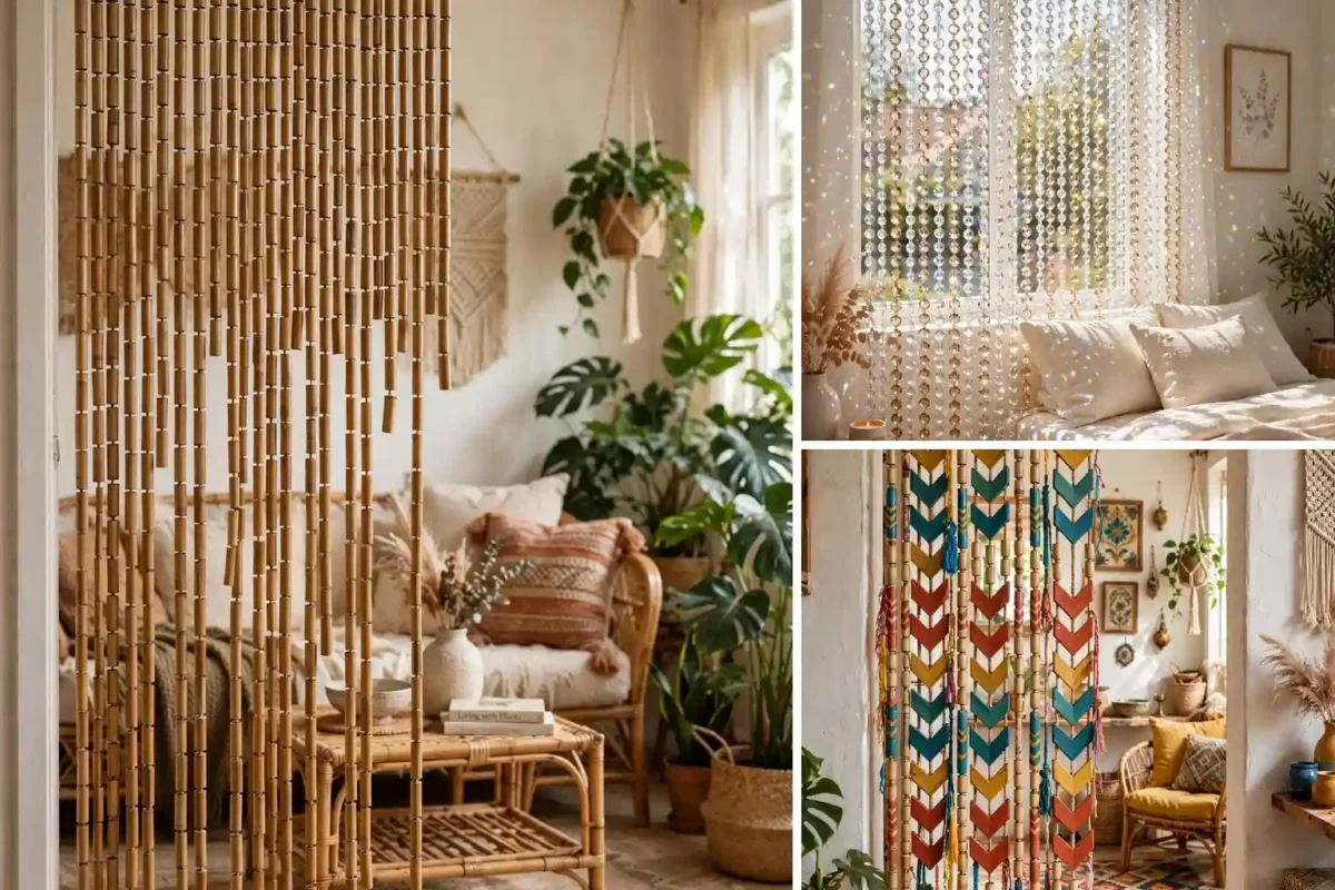 DIY beaded curtain ideas collage with bamboo doorway curtain