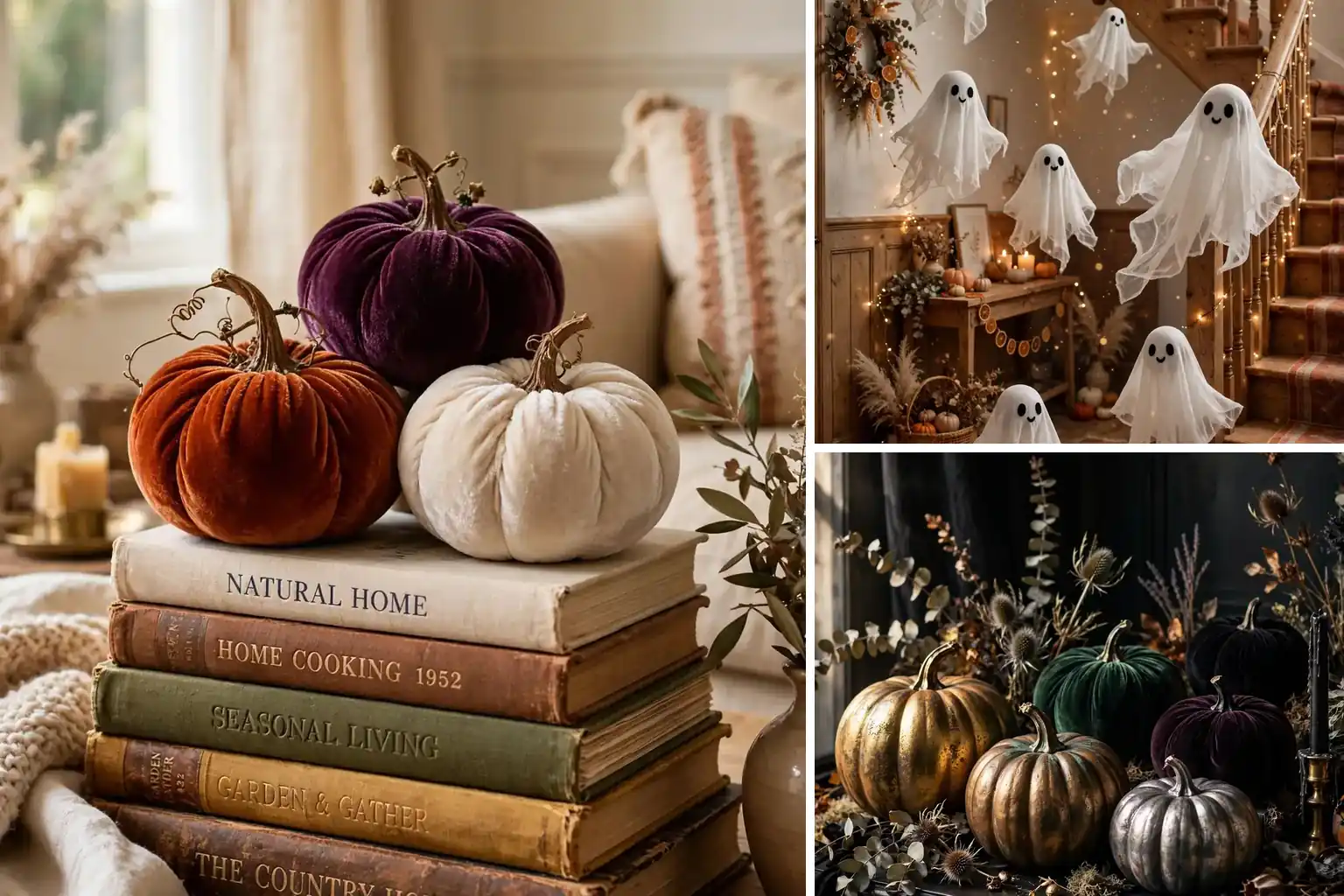 DIY Halloween decorations collage with velvet pumpkins and crafts