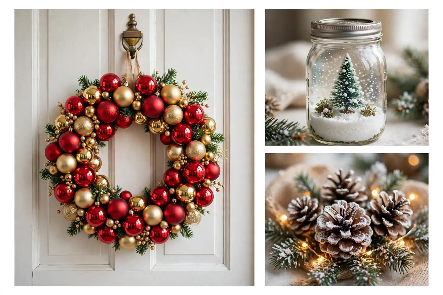Dollar tree christmas decor diys collage: DIY ornament wreath, mason jar snow globes, and snowy pinecone centerpiece