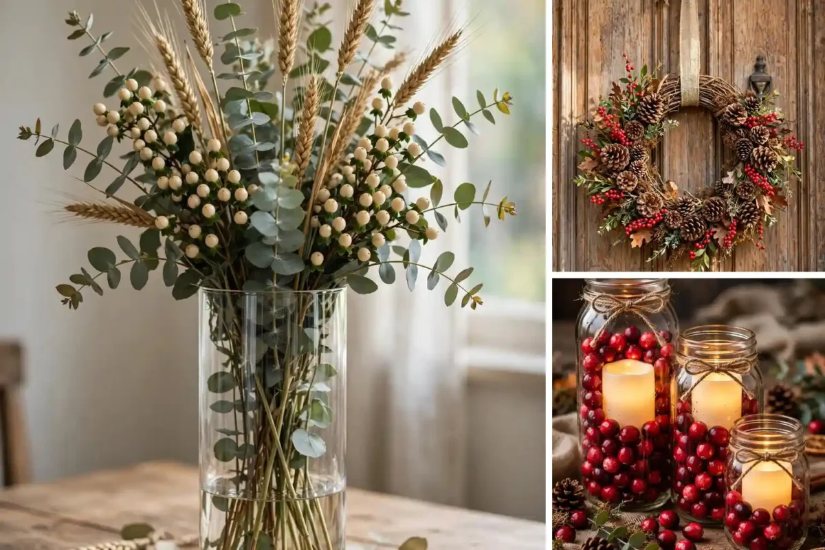 Dollar Tree Thanksgiving decor DIYs collage with centerpiece wreath and mason jars