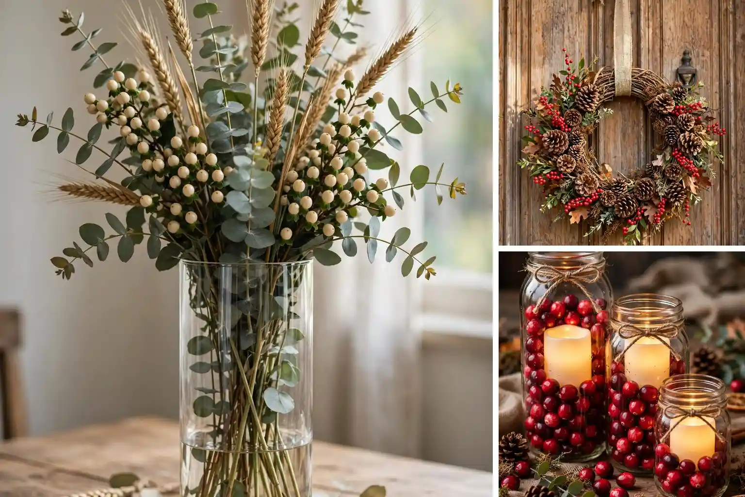Dollar Tree Thanksgiving decor DIYs collage with centerpiece wreath and mason jars