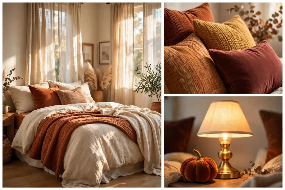 Cozy fall bedroom collage: rust and cream layered bedroom, throw pillow close-up and glowing bedside lamp with velvet pumpkin