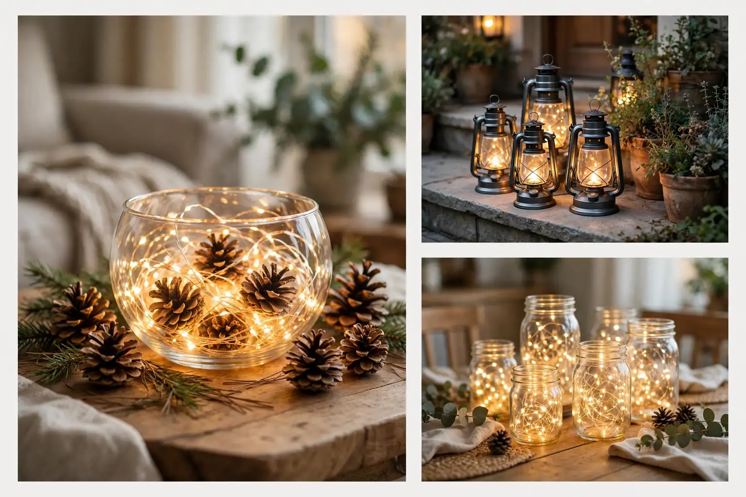 Cozy fall lighting ideas collage with fairy light bowl, lantern cluster, and mason jars