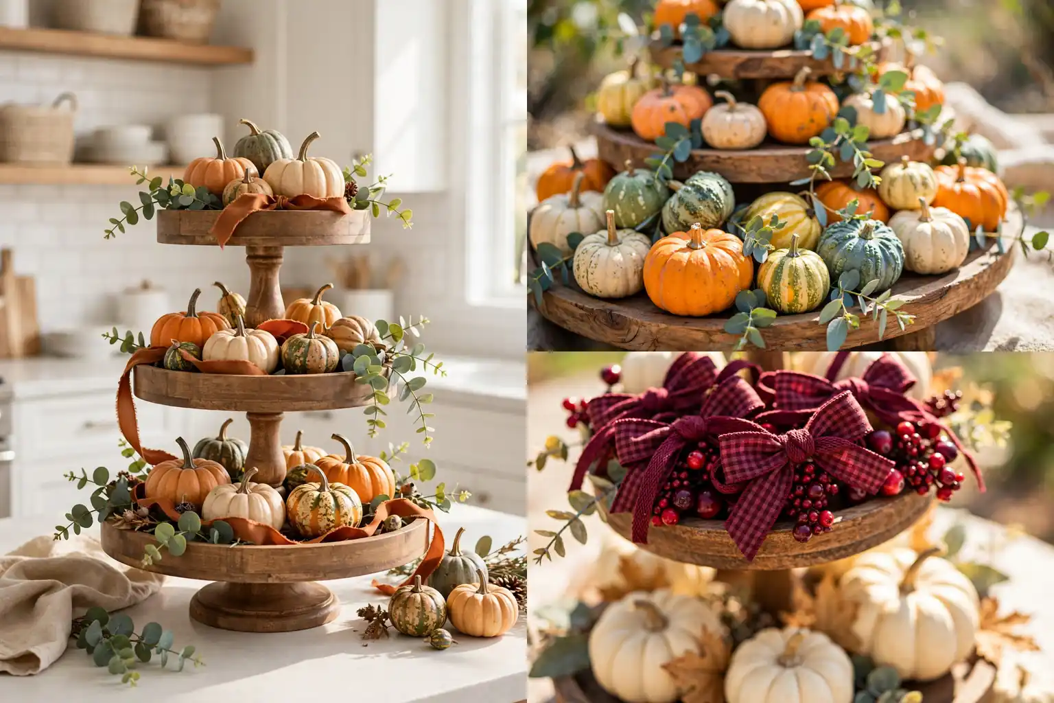 Fall tiered tray decor collage showing a styled three tier tray with pumpkins, ribbon and berry details.
