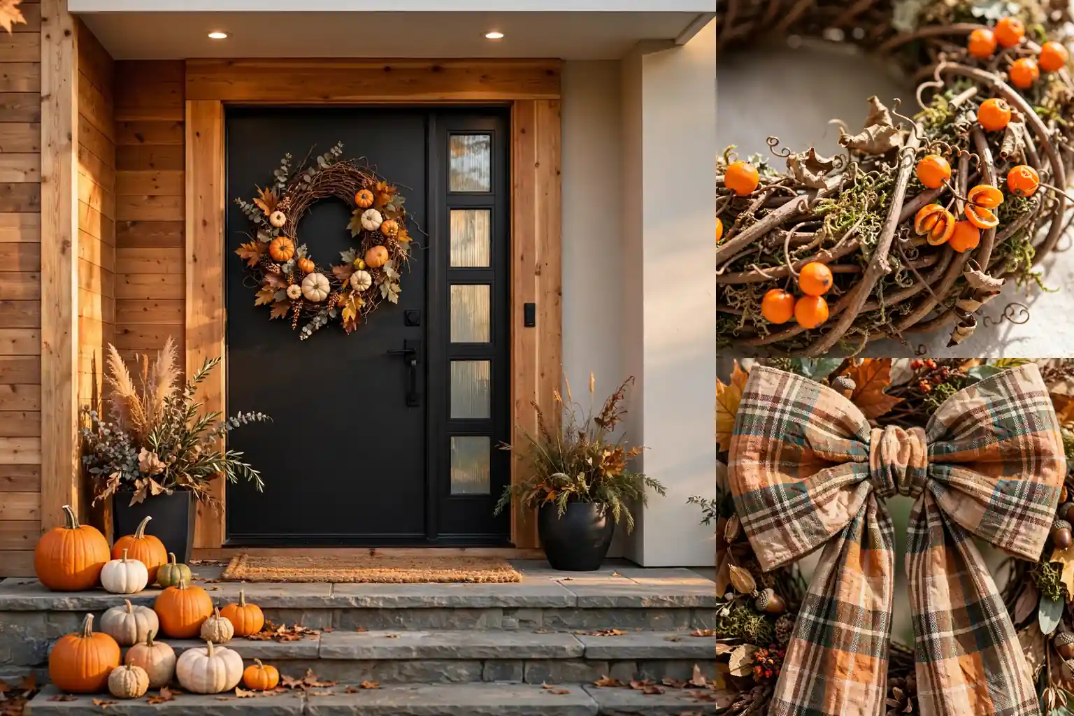 Fall wreath ideas collage with a grapevine wreath, eucalyptus wreath, and berry wreath