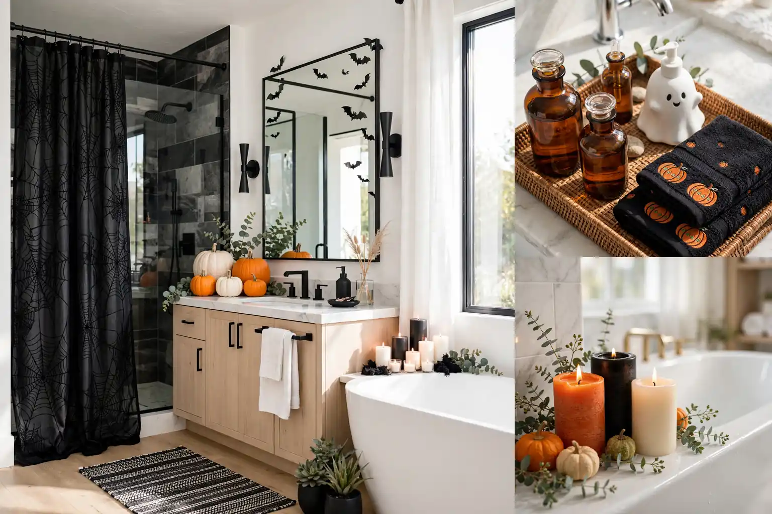 Spooky chic Halloween bathroom decor collage with shower curtain pumpkins and candles