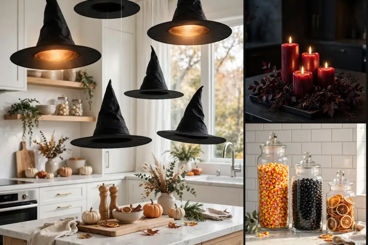 Spooky Halloween kitchen decor collage showing a styled kitchen island, witch hats, and black and orange details
