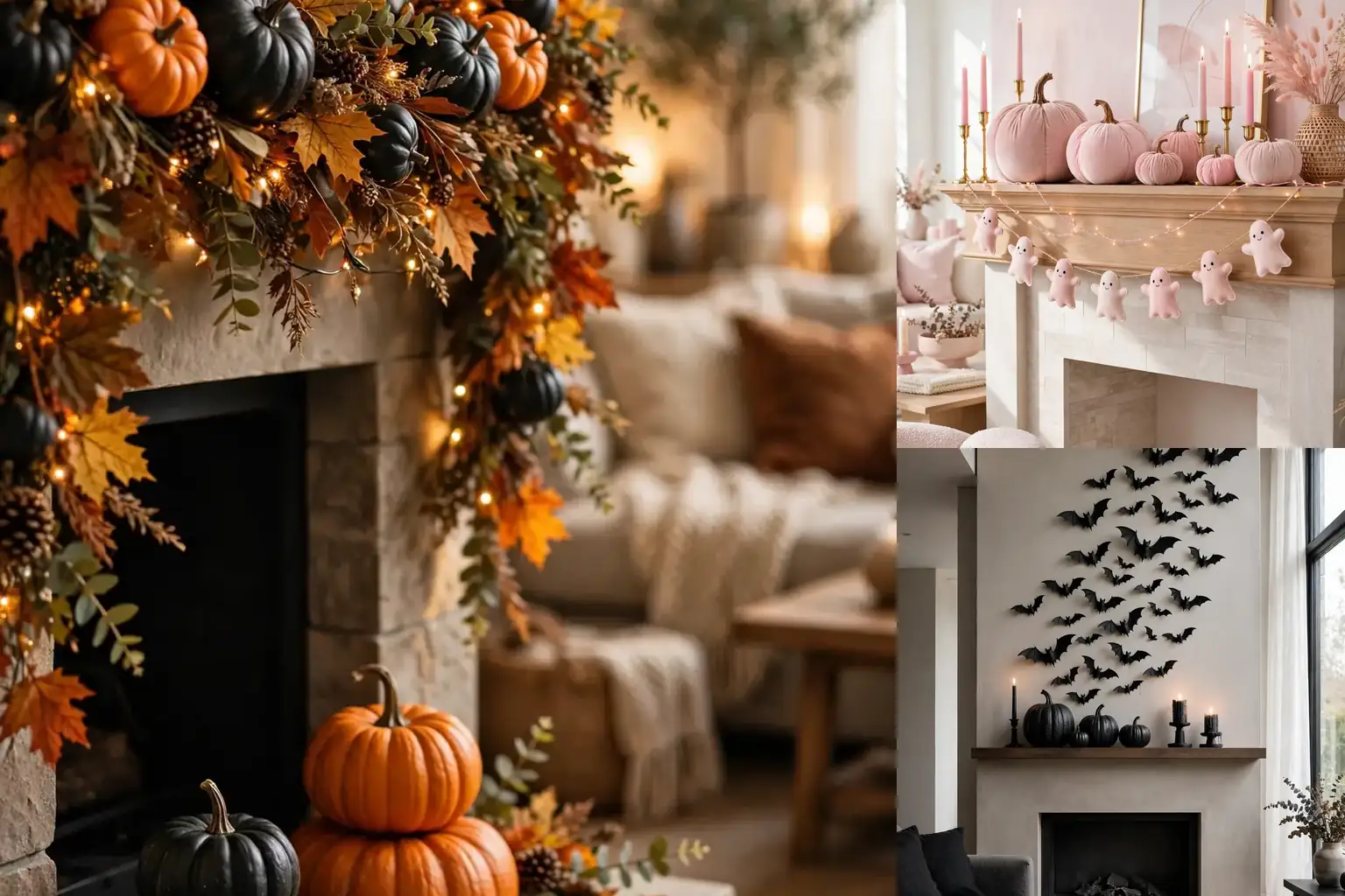 Stylish Halloween mantel decor ideas collage with pumpkins candles and spooky styling
