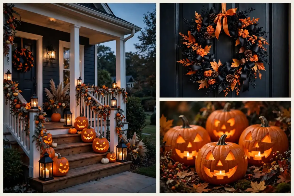 Halloween front porch collage: full porch scene with glowing pumpkins and lanterns, wreath close-up and jack-o'-lantern detail
