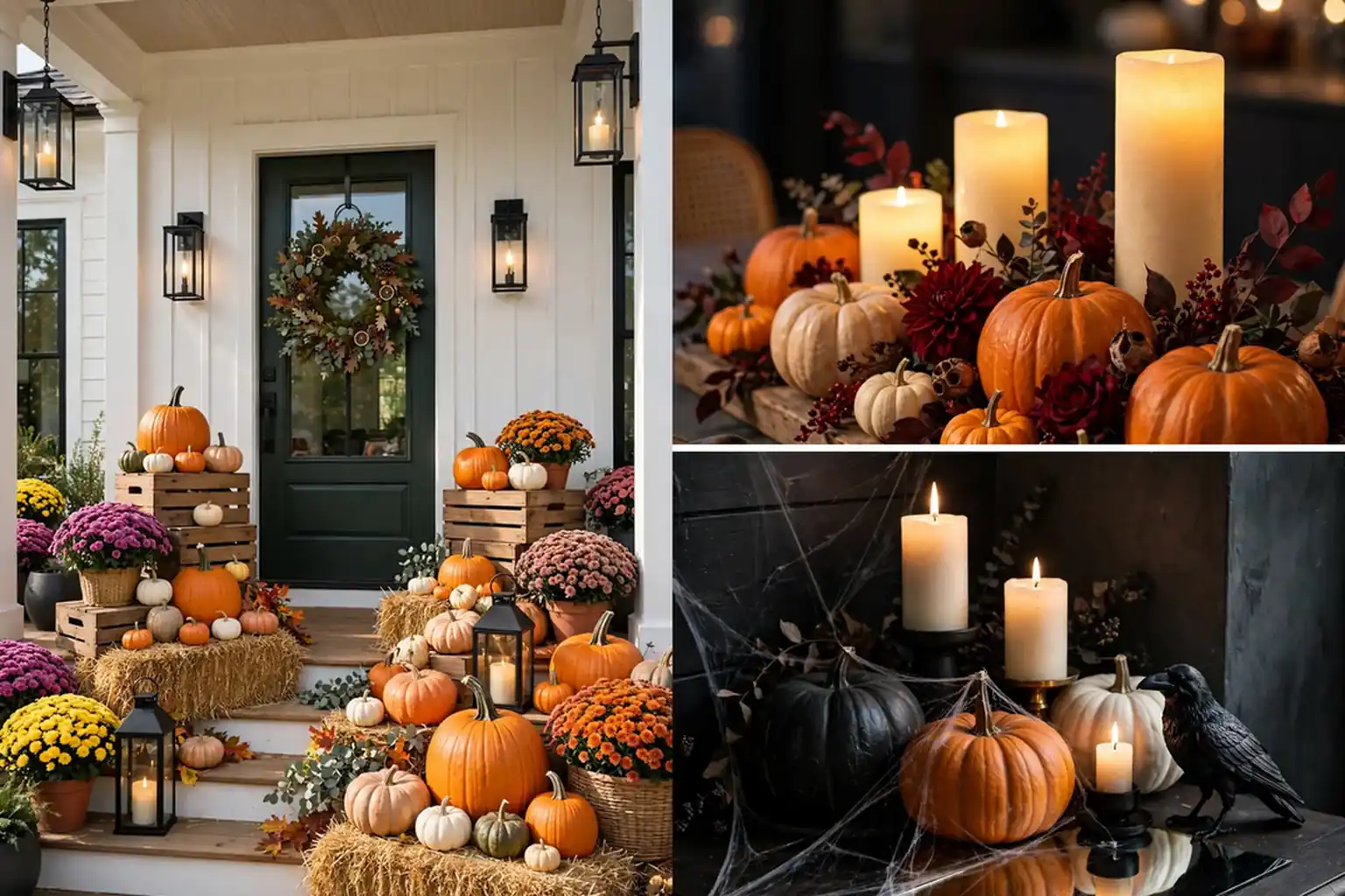 Featured collage of stylish halloween pumpkin decor ideas with a porch display hero and detail shots of candles and painted pumpkins