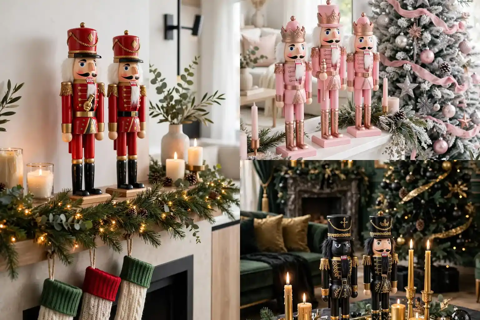 Nutcracker christmas decor ideas featured image with classic, pink and black and gold nutcracker displays