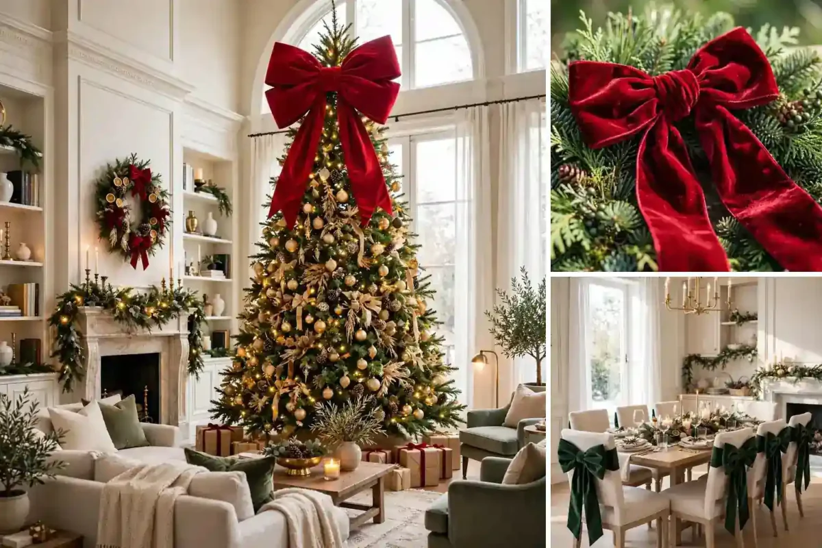 Oversized Christmas bow decor collage showing a tree crowned with a giant red velvet bow, a close up of velvet bow texture, and dining chairs with big green bows