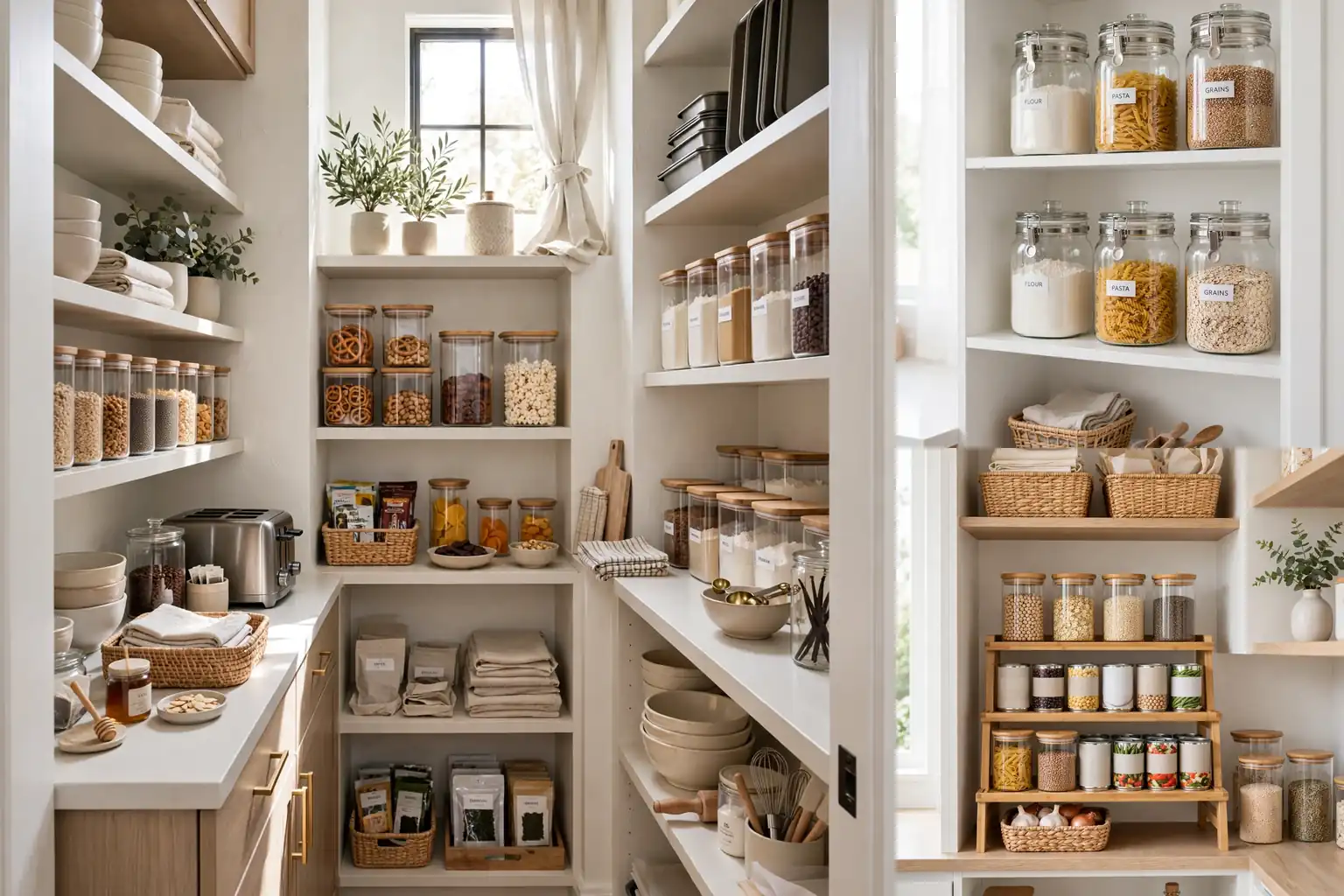 Small pantry organization Ideas collage showing zoned pantry, clear canisters and tiered risers