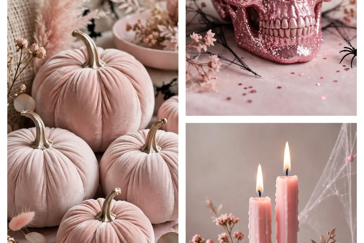 Pink Halloween decor collage, blush pumpkins, glitter skulls, and pink candles for a trendy spooky home