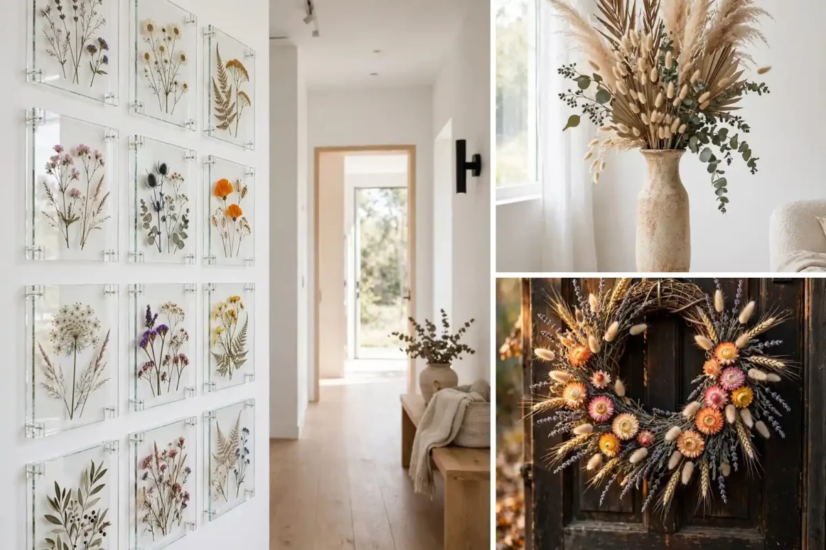 Pressed flower decor ideas collage with framed botanical art