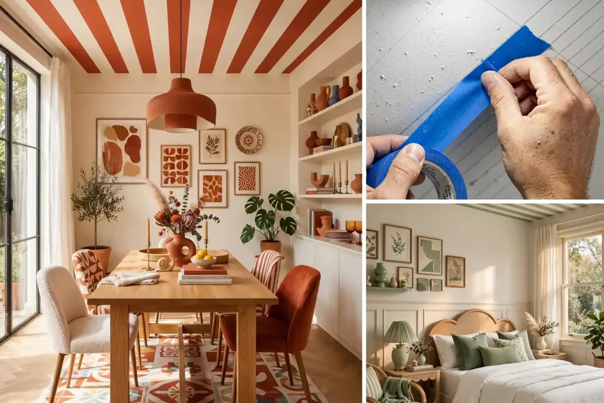 Striped ceiling DIY collage with finished terracotta stripes