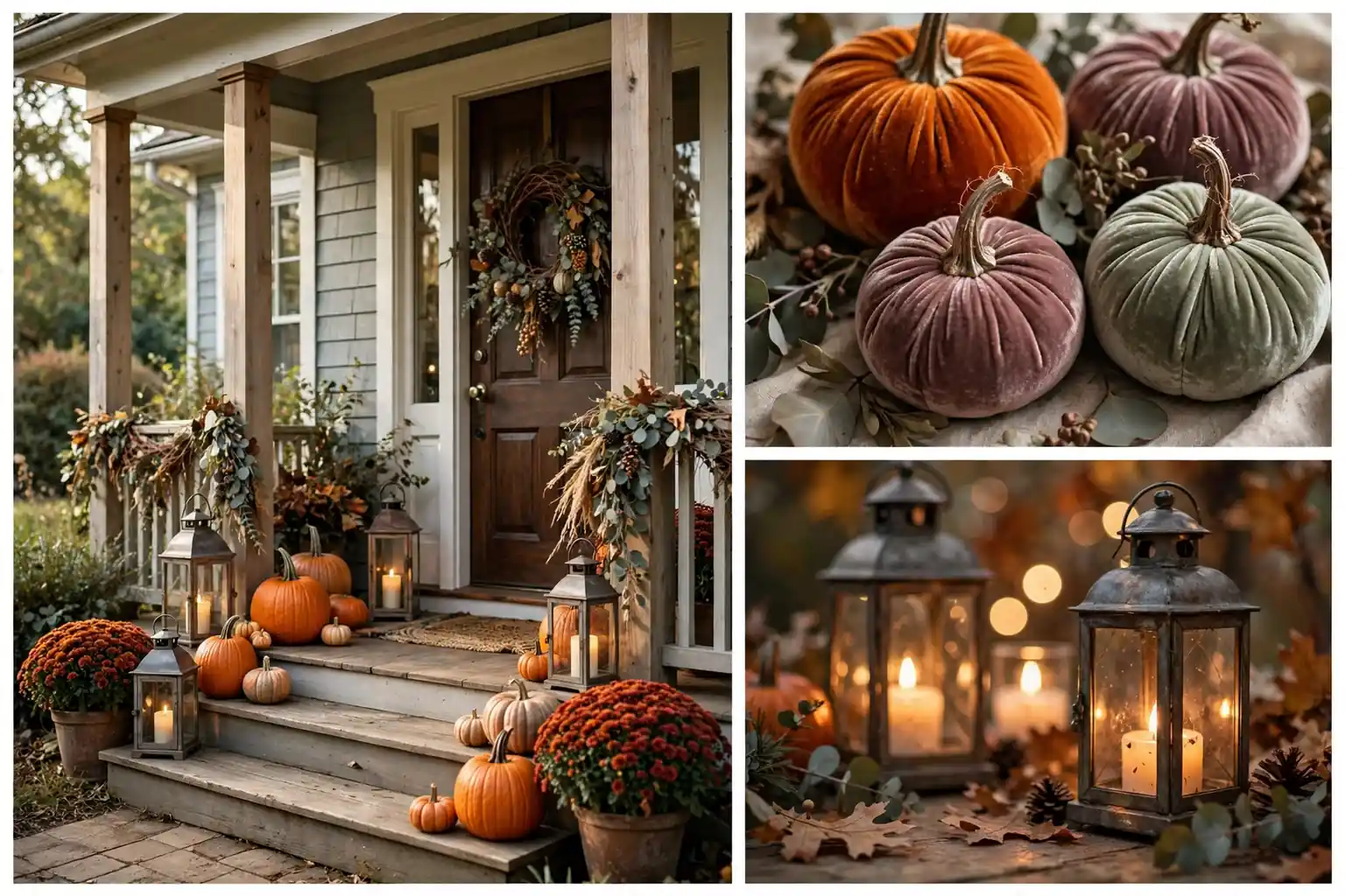 Wide view of a Thanksgiving porch with layered pumpkins, glowing lanterns and a grapevine wreath, a complete thanksgiving porch decor idea.