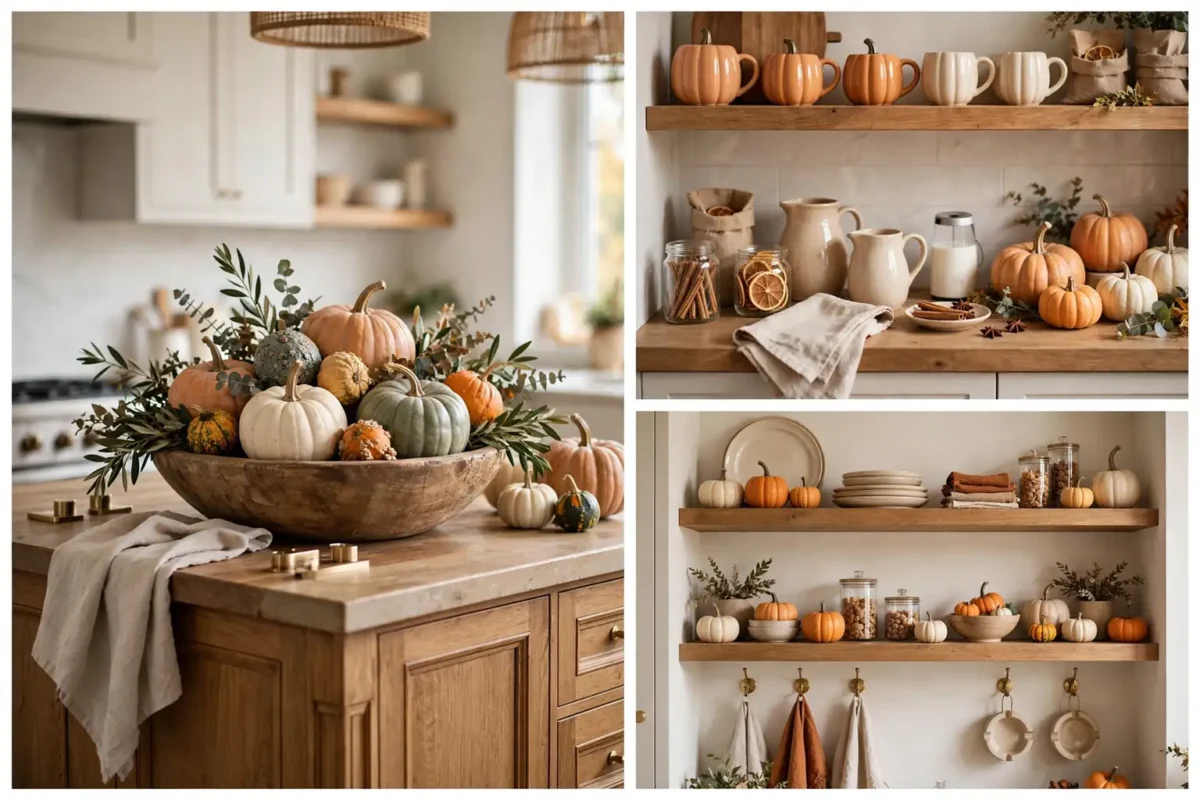 Thanksgiving kitchen decor ideas collage: pumpkin island centerpiece, coffee bar, and styled open shelves