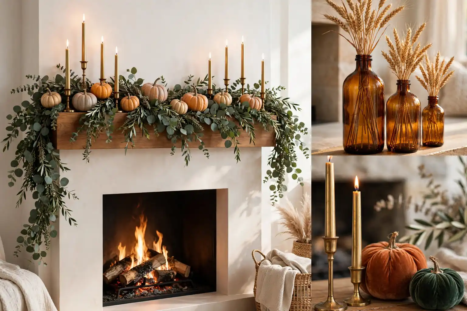 Thanksgiving mantel decor collage with a styled harvest mantel, amber glass, and pumpkins