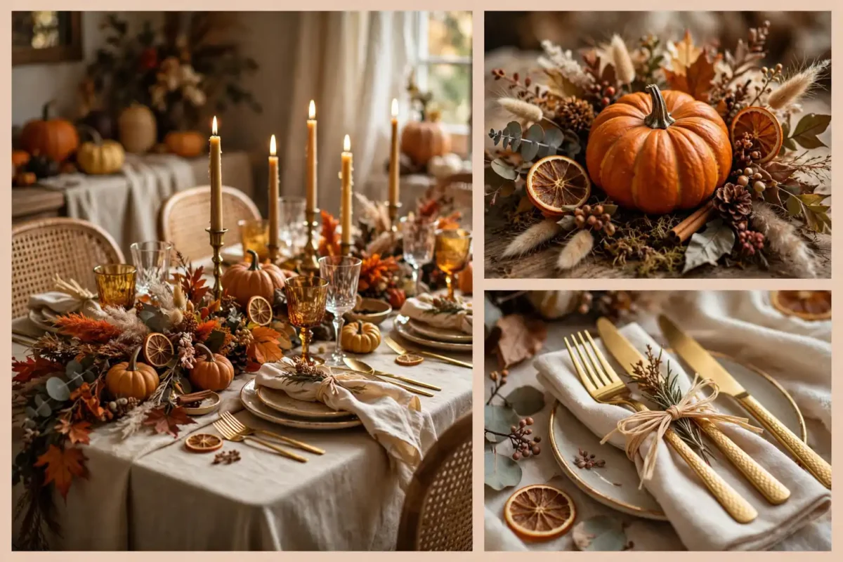Elegant Thanksgiving table decor ideas collage with harvest tablescape, pumpkin centerpiece and gold flatware