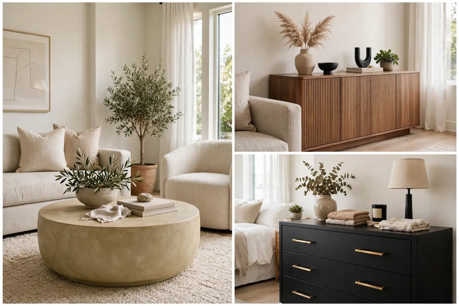 Thrift store furniture flips collage showing limewash coffee table, fluted sideboard and black brass dresser