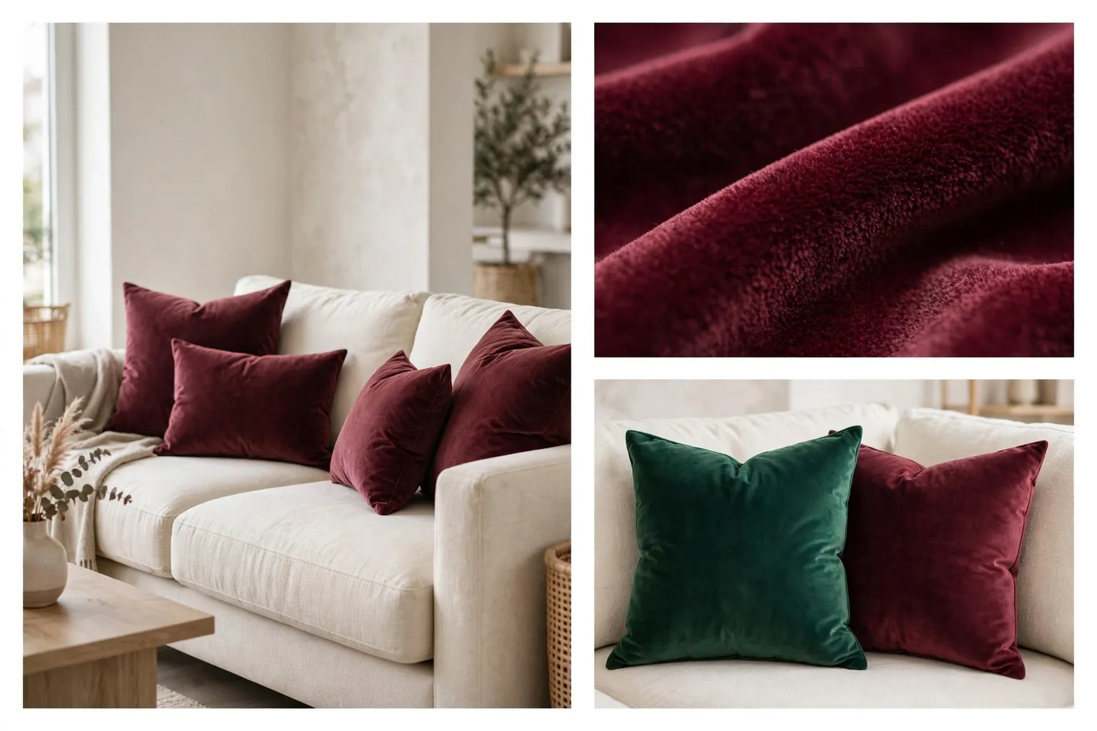 Velvet throw pillow styling ideas collage with burgundy pillows on cream sofa and emerald pairing
