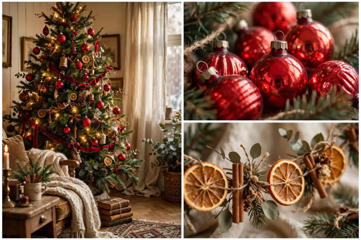 Nostalgic vintage Christmas living room collage: decorated tree with red ornaments, bauble close-up and dried orange garland detail