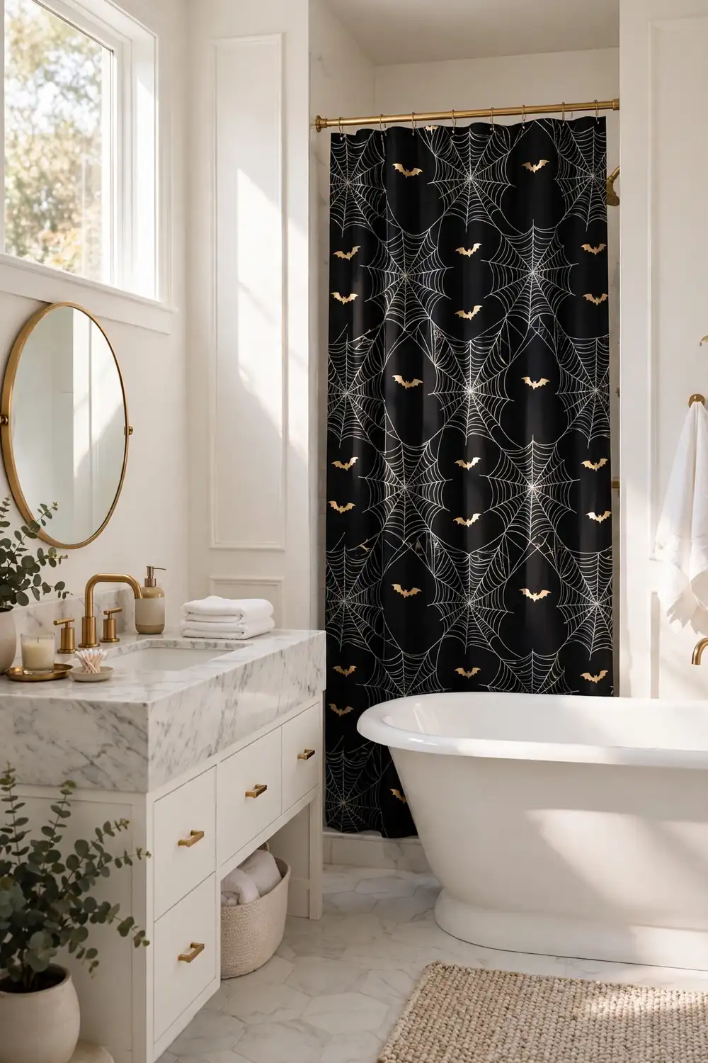 Halloween bathroom decor ideas featuring a black shower curtain with silver cobweb pattern and gold bats in a bright modern bathroom