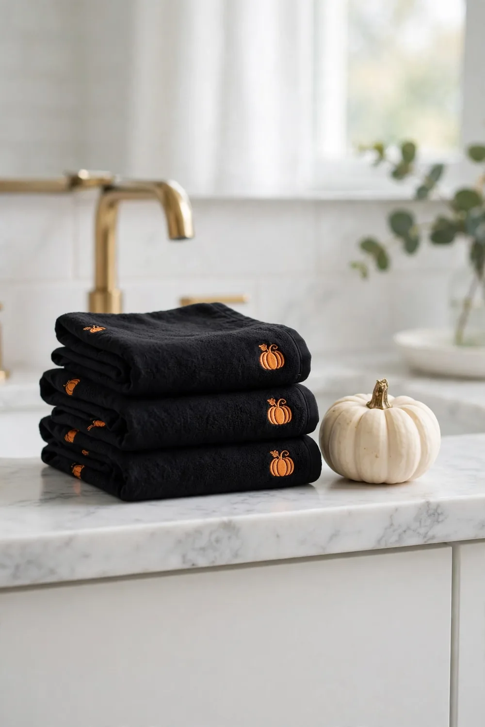 Folded black hand towels with embroidered orange pumpkin motifs on a white marble Halloween bathroom vanity