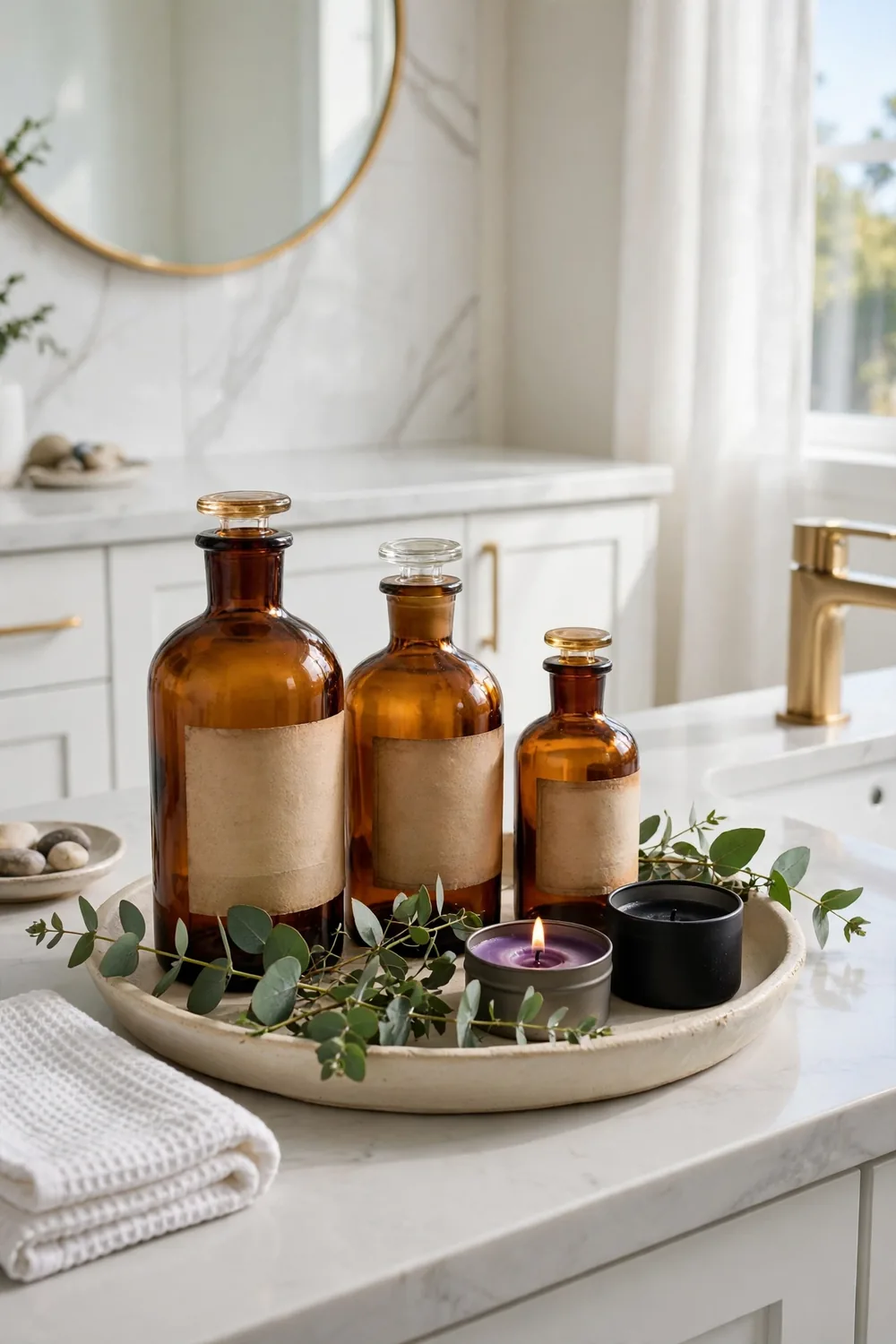 Amber apothecary potion bottles on a tray styled on a bright Halloween bathroom vanity