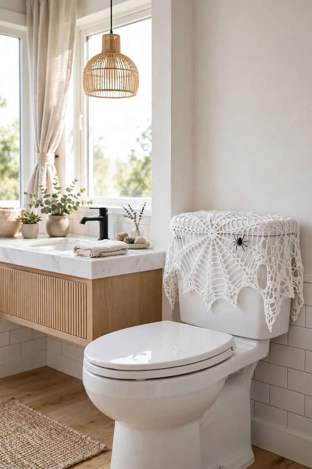 White crochet spider web cover on a toilet tank in a bright Halloween decorated bathroom