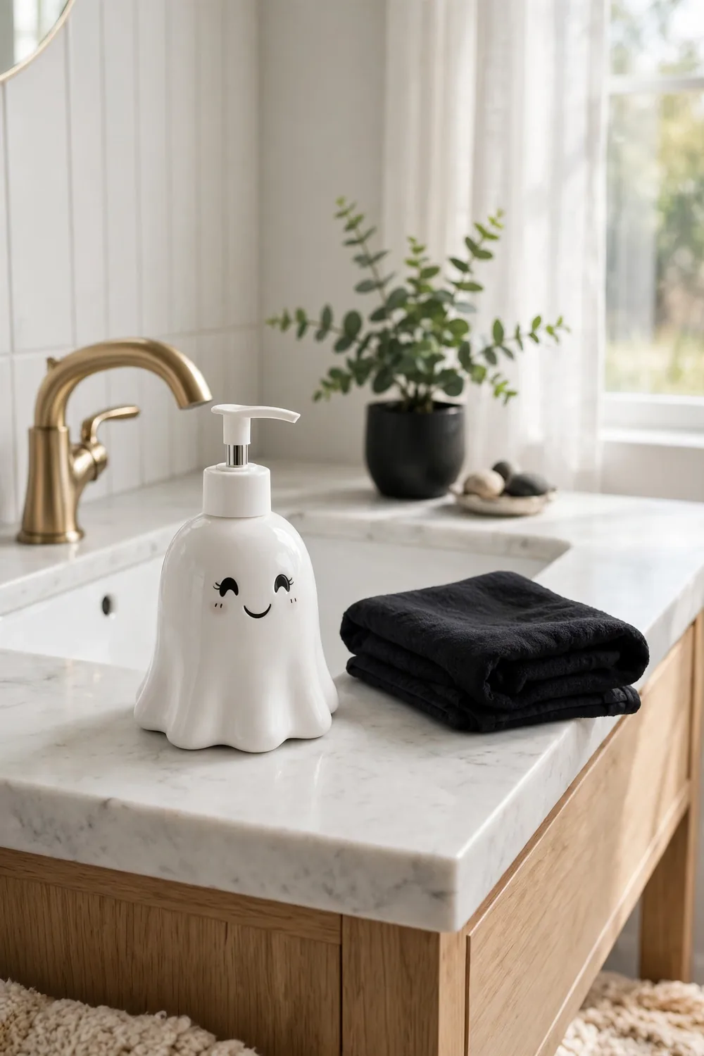 Cute white ceramic ghost soap dispenser on a modern bathroom sink for Halloween bathroom decor