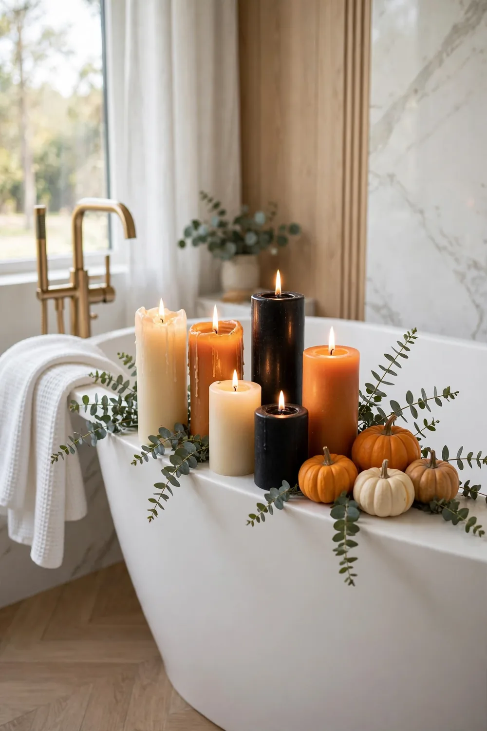Orange black and cream pillar candles clustered beside a white bathtub for cozy Halloween bathroom decor