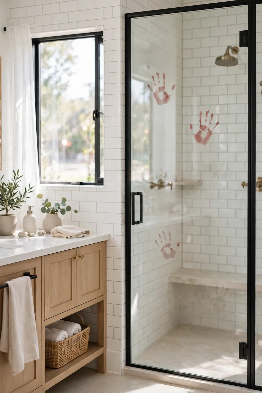 Faint crimson handprint decals on a glass shower door for subtle Halloween bathroom decor