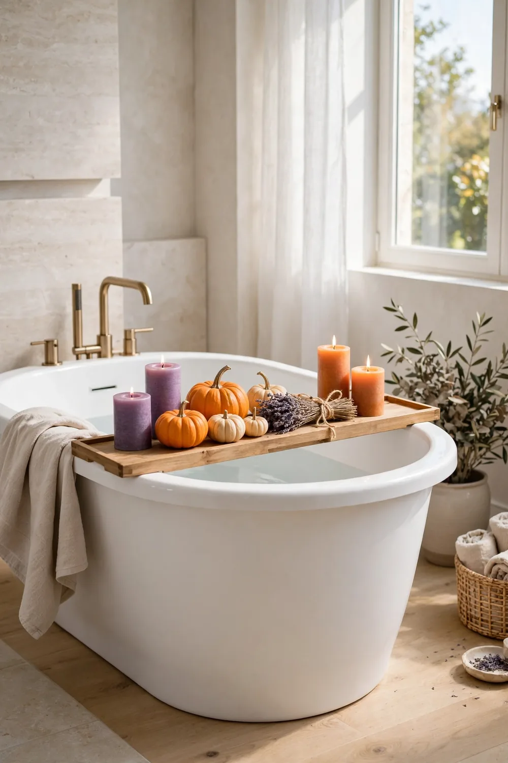 Purple and orange candles with lavender and pumpkins around a bathtub for a Halloween soak