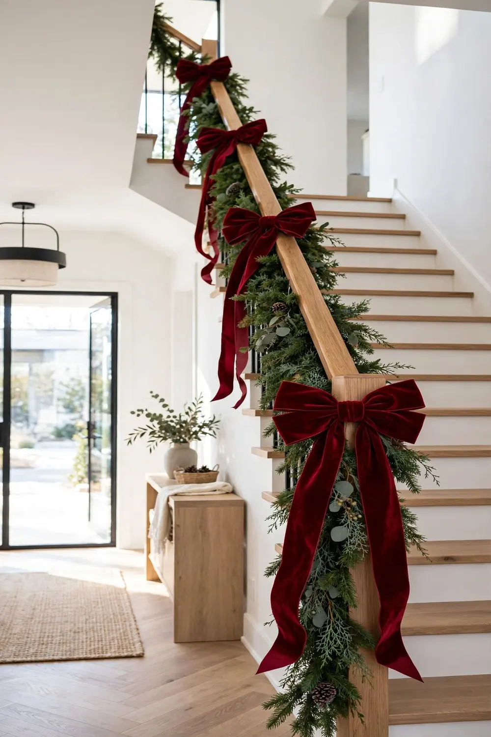 Christmas staircase decor with oversized red velvet bows on a green garland draped banister