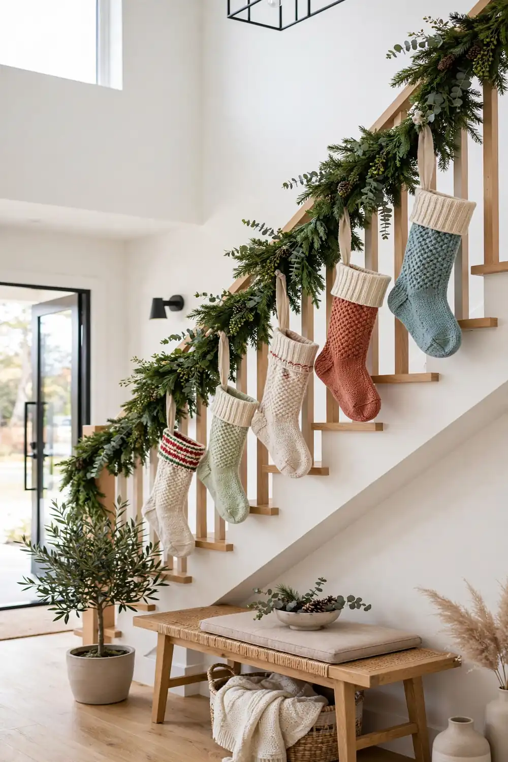 Christmas staircase decor with personalized stockings hanging from a garland wrapped banister