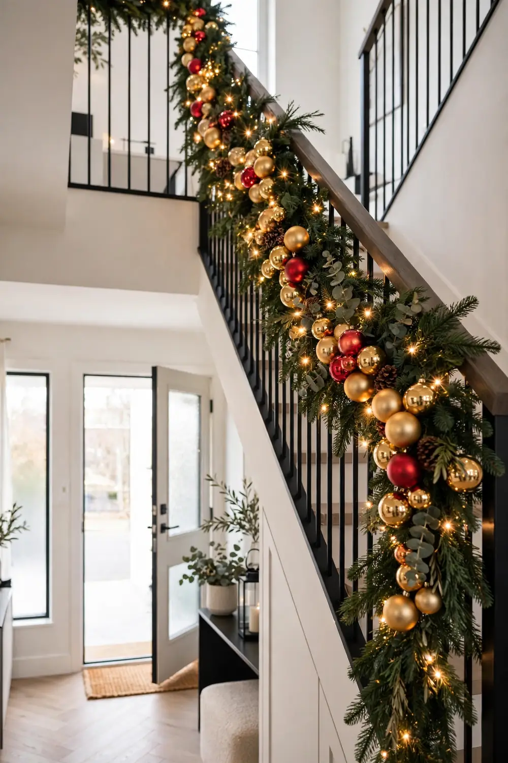 Christmas staircase decor with shiny gold and red ornament clusters tucked into evergreen garland