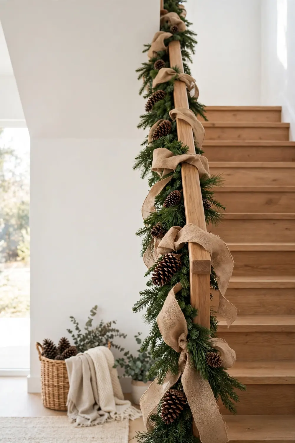 Christmas staircase decor with natural pinecones tucked into evergreen garland on a rustic banister