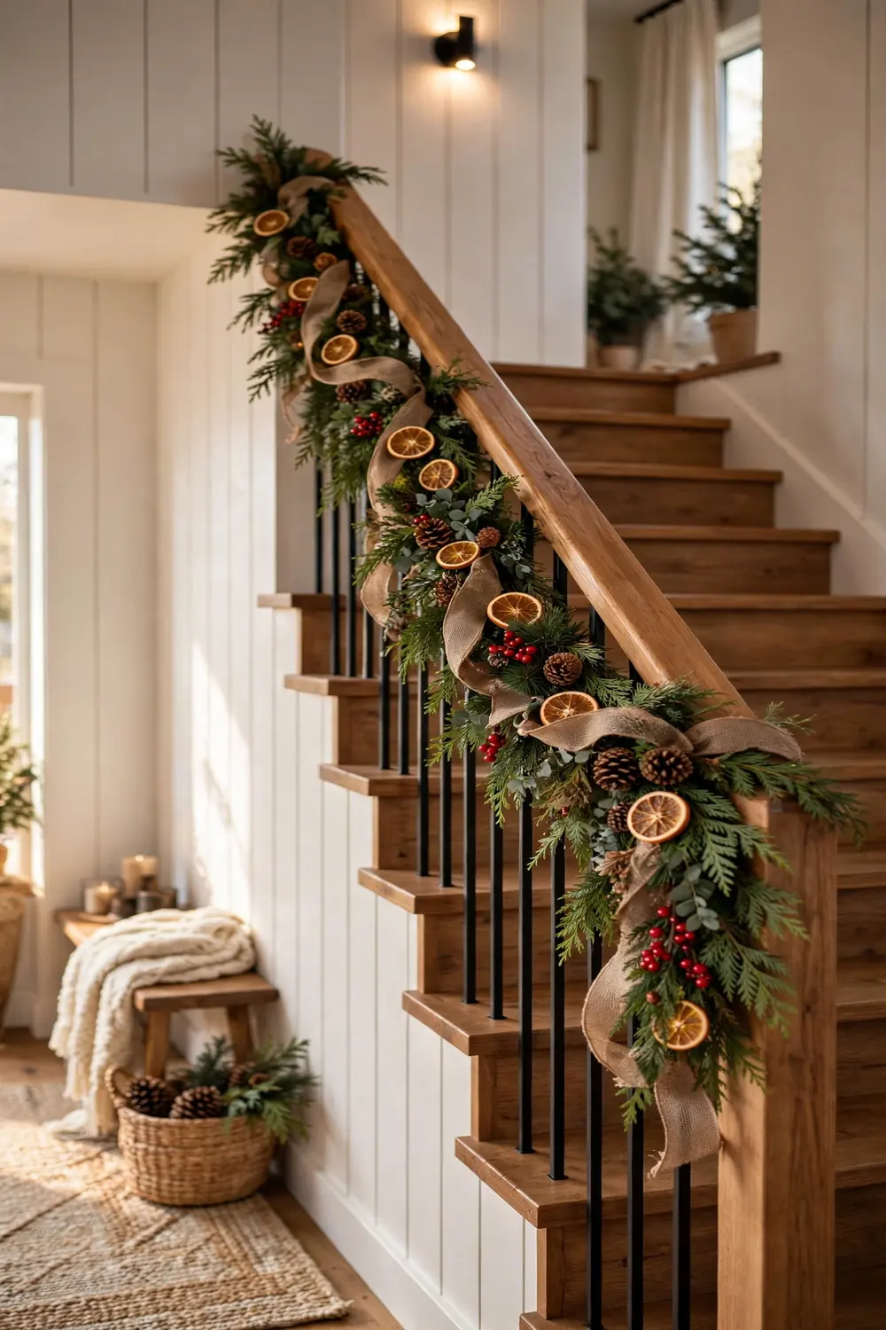 Christmas staircase decor with rustic woodland garland, pinecones, berries and burlap ribbon