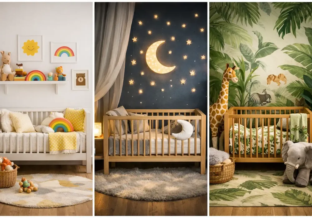 Nursery decor ideas collage featuring rainbow themed nursery, starry night baby room with moon lights, and jungle safari nursery with tropical wallpaper and wooden crib.