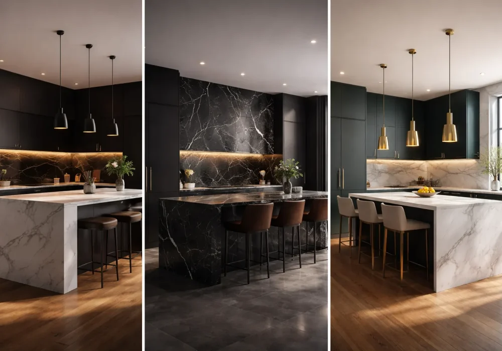 Modern dark kitchen ideas collage with three luxury kitchens featuring marble islands, black cabinets, pendant lighting, and stylish contemporary interiors.