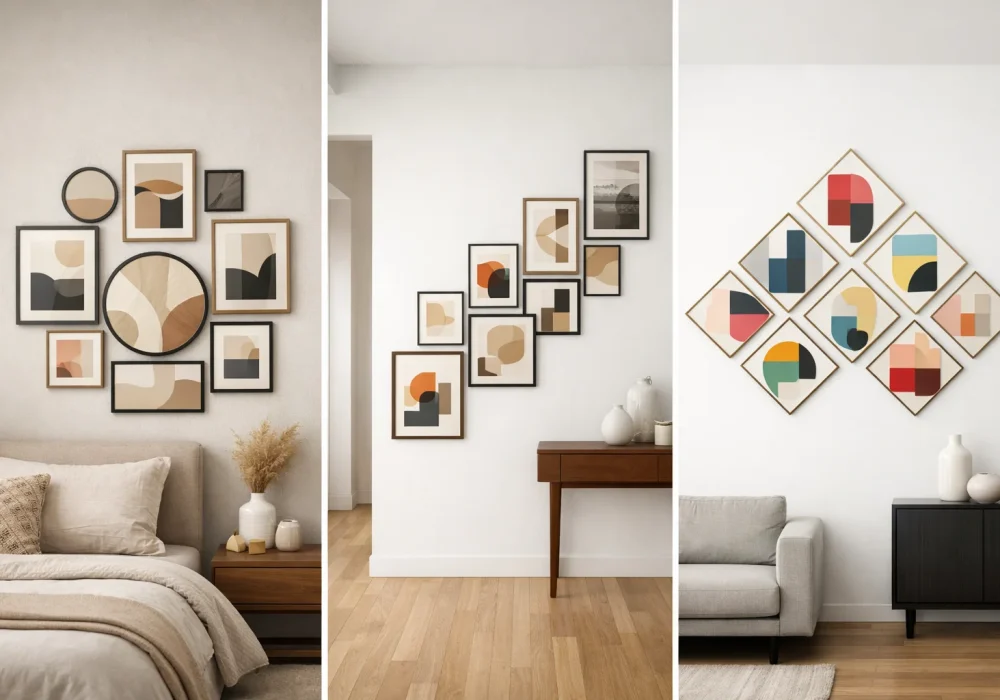 Creative gallery wall ideas layouts featuring modern abstract art frames including circular gallery wall, staircase frame layout, and diamond gallery wall design for stylish home decor