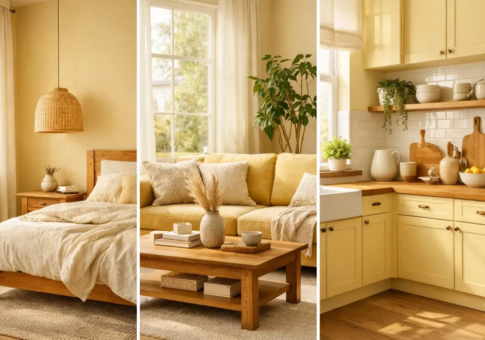 butter yellow room ideas collage cozy bedroom living room kitchen decor sunny warm home interior inspiration