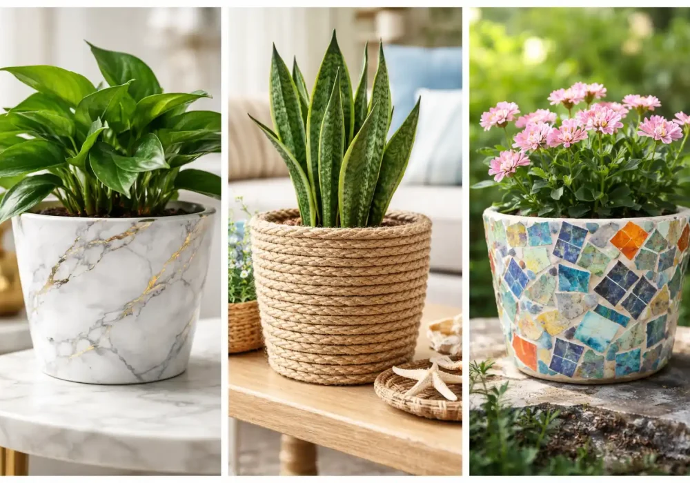 DIY planter ideas collage showing faux marble planter rope wrapped planter and colorful mosaic planter transforming cheap pots into luxury garden decor