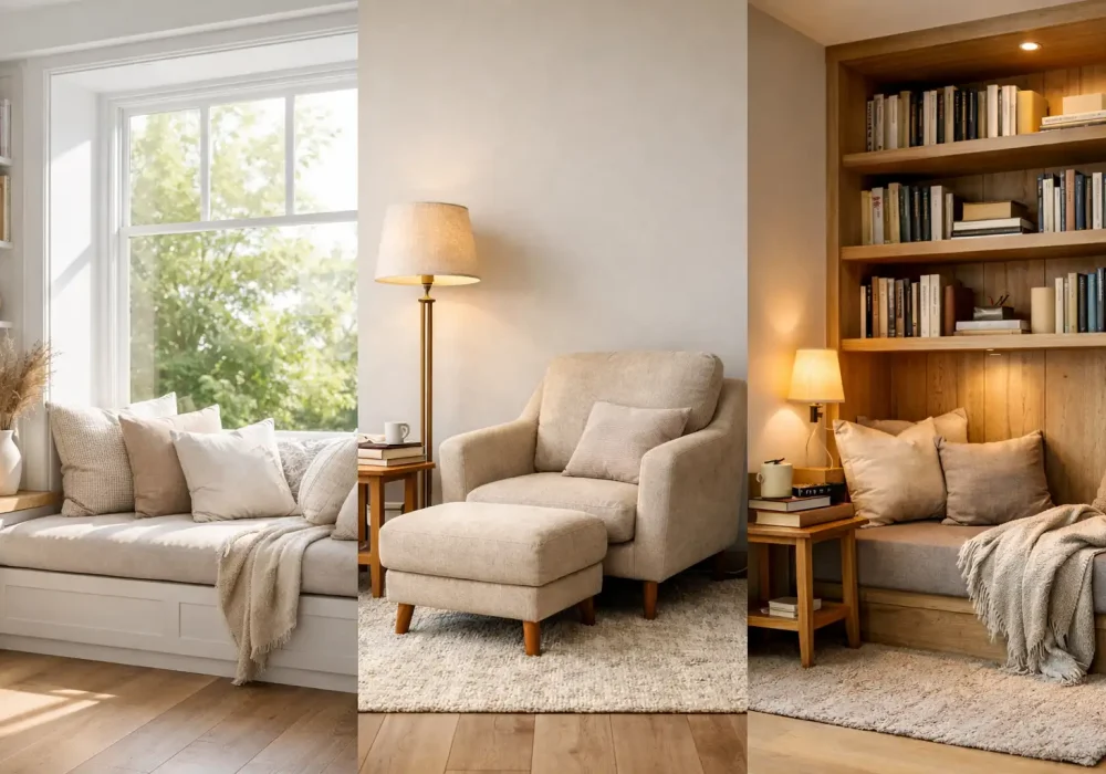 cozy reading nook ideas collage window seat armchair corner built in bookshelf reading nook inspiration