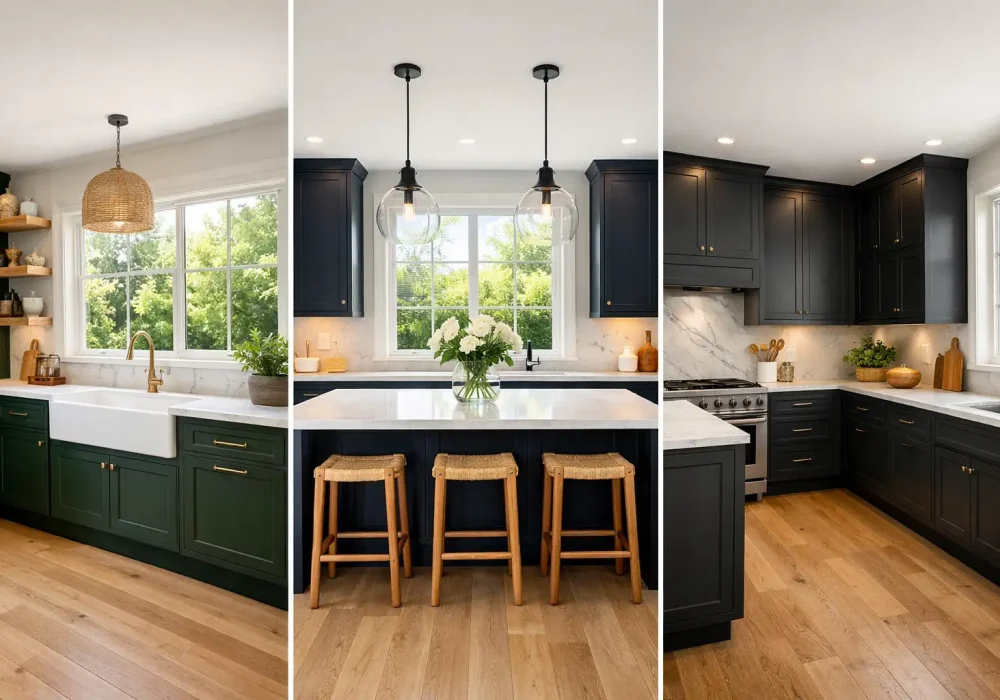 Modern dark cottage kitchen ideas collage showing three stylish kitchens with green and black cabinets, marble countertops, wooden flooring, and bright natural window lighting.