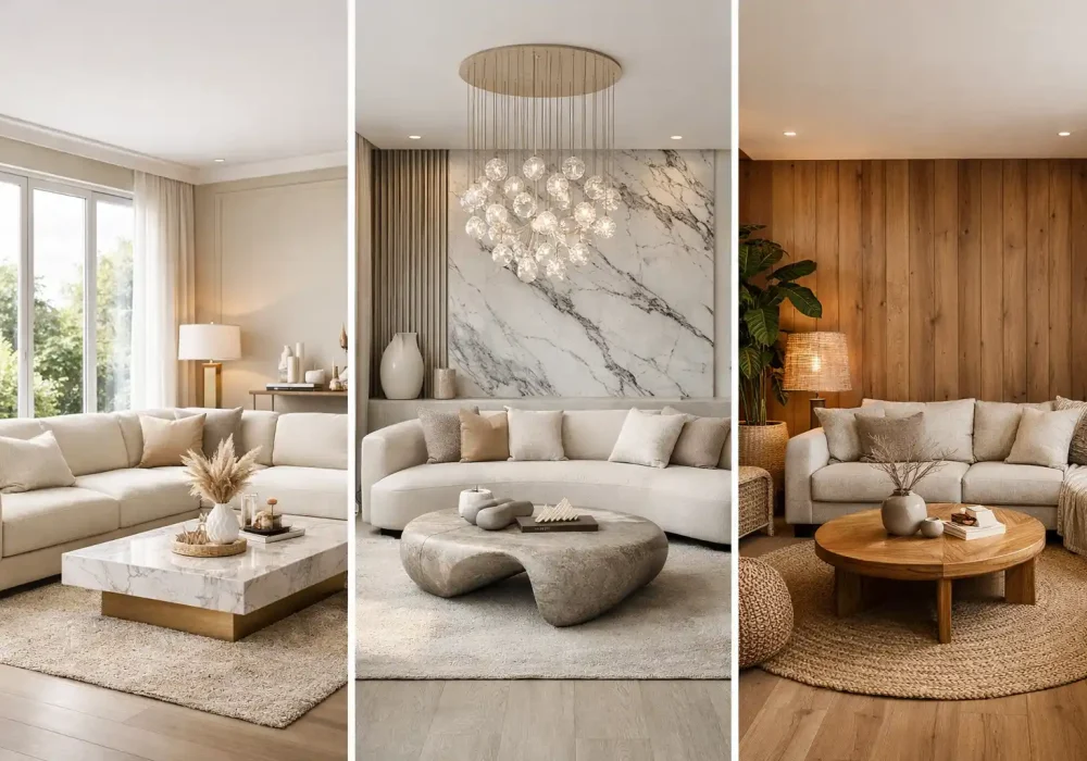 modern elegant living room design ideas collage neutral sofa marble table wood wall decor inspiration